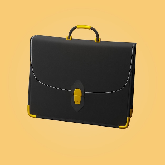 a black briefcase with a yellow handle and a yellow strap