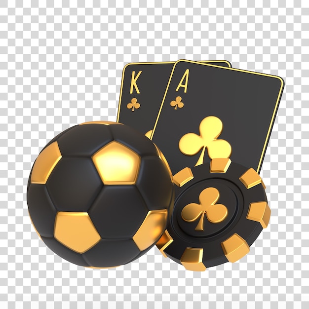 PSD black and gold soccer ball with casino cards 3d render illustration