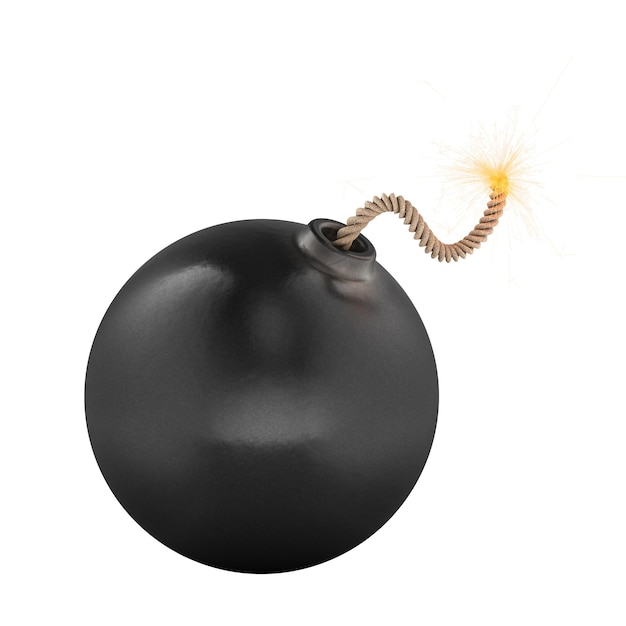 PSD black round bomb with burning fuse 3d rendering isolated on transparent background