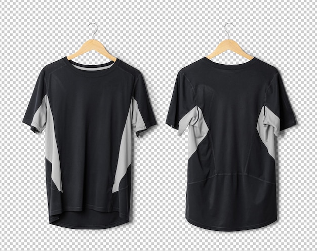 Black sport T shirt mockup hanging front and back view Psd template