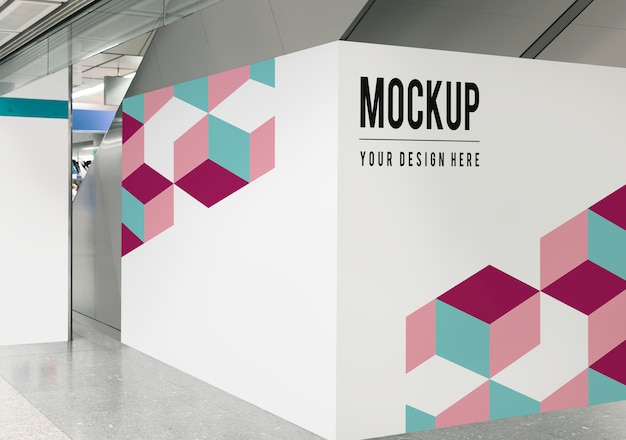 PSD blank exhibition wall mockup at a train station