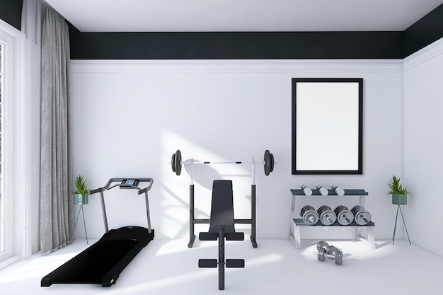 PSD blank poster frame mockup in minimal gym interior design with bench press, treadmill, dumbbell rack