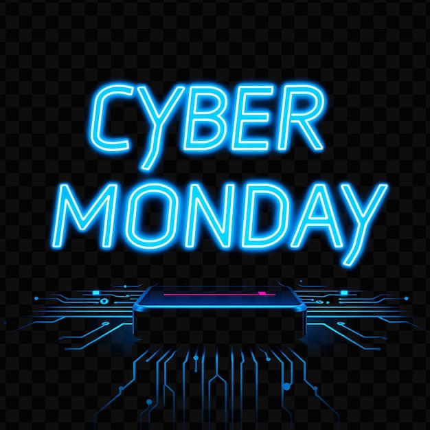 PSD blinking cyber monday text flickers in neon bright blue and cyan with digital circuits cy