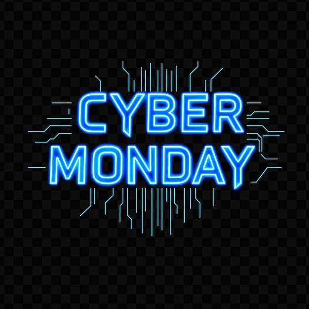 PSD blinking cyber monday text flickers in neon bright blue and cyan with digital circuits cybers