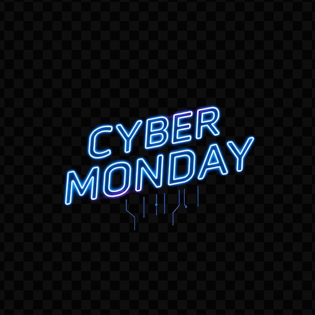 PSD blinking cyber monday text flickers in neon bright blue and cyan with digital circuits cybers