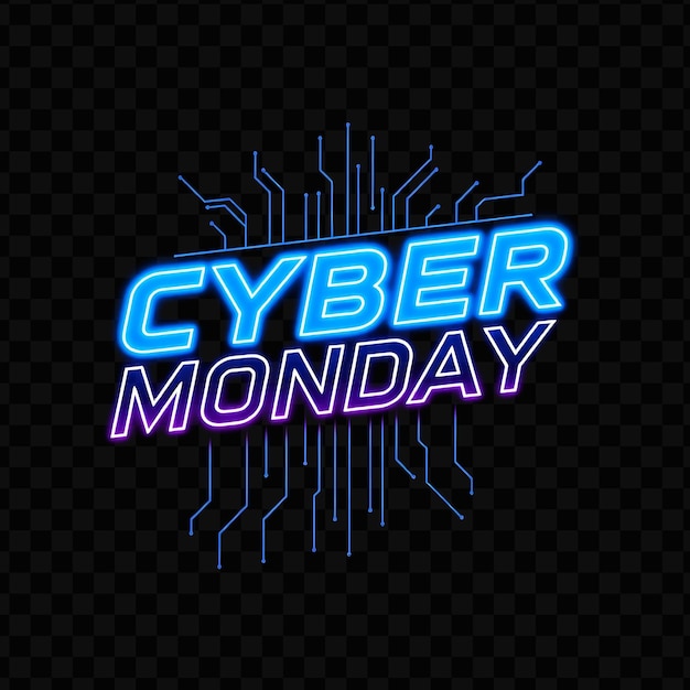 PSD blinking cyber monday text flickers in neon bright blue and cyan with digital circuits cybers