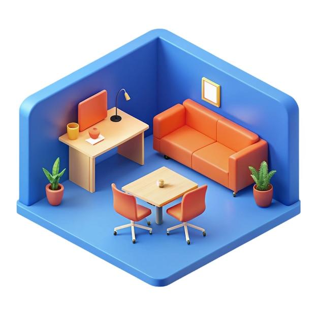 PSD a blue cube with a couch and a table with a plant on it