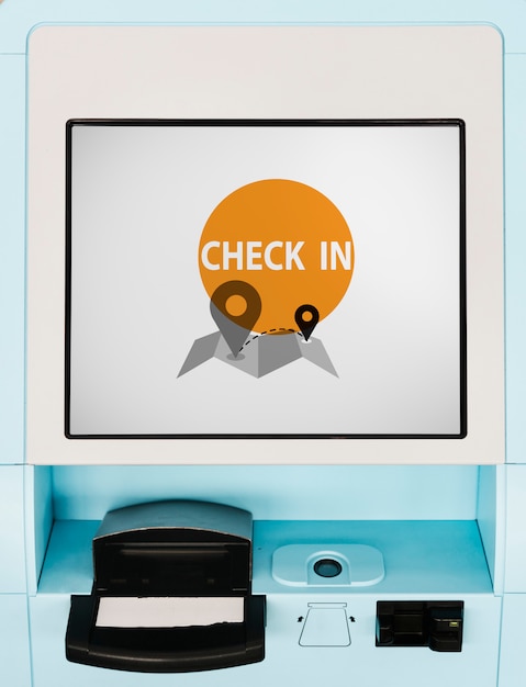 PSD blue flight check-in kiosk screen mockup