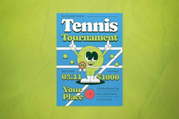 PSD blue green retro cartoon tennis tournament flyer