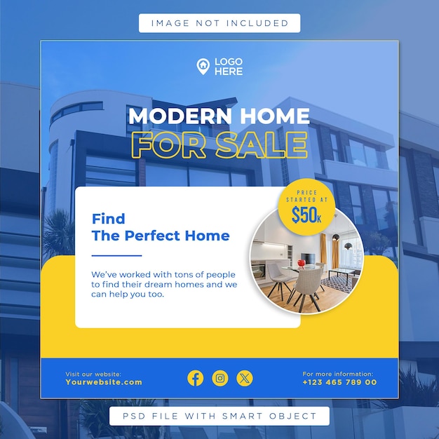 PSD a blue and yellow ad for modern home for sale