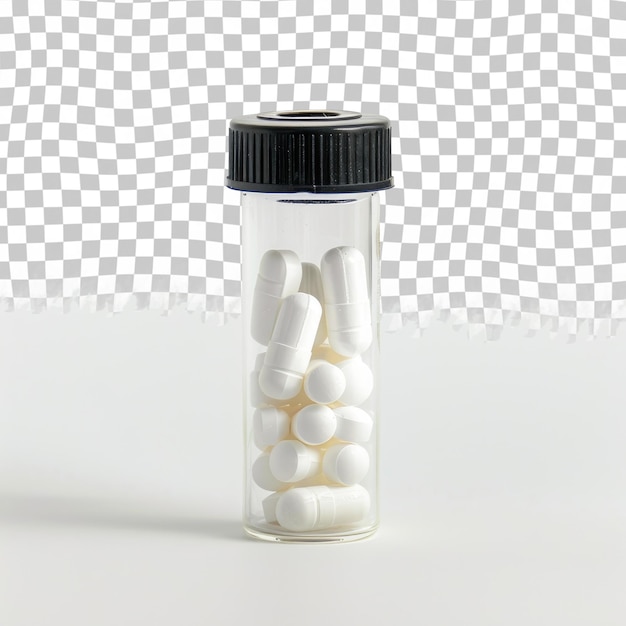 PSD a bottle of pills with a black cap on it