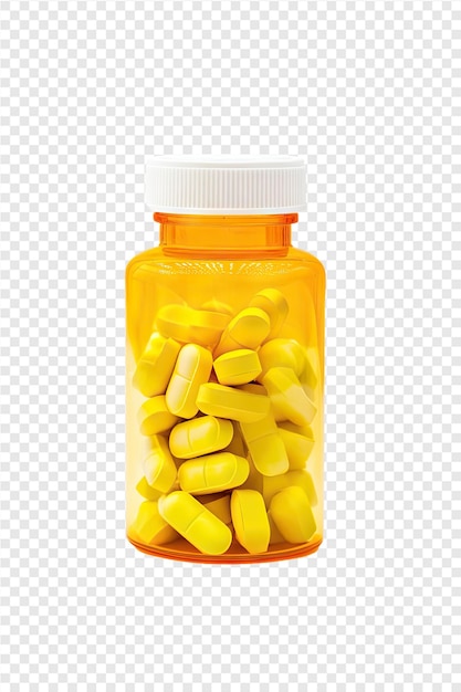 a bottle of pills with yellow pills on a transparent background