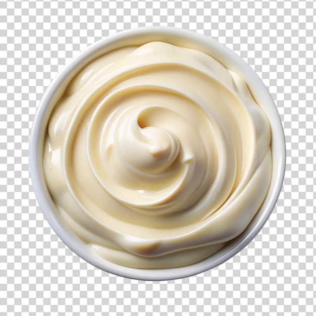 A bowl of frosting with a swirl in the center on transparent background