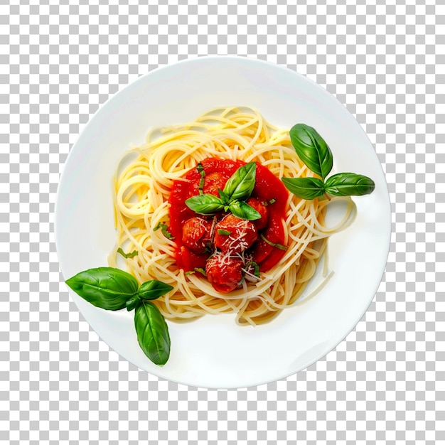 A bowl of pasta with tomato sauce and basil leaf on a transparent background