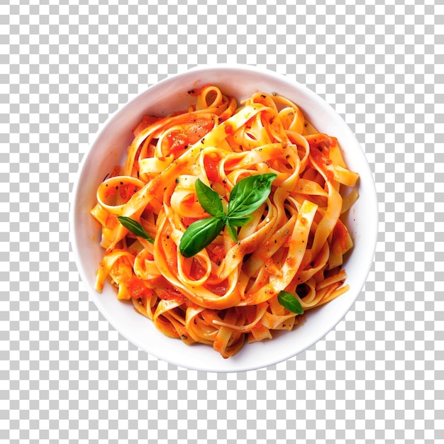 A bowl of Pasta with tomato sauce and basil on a transparent background