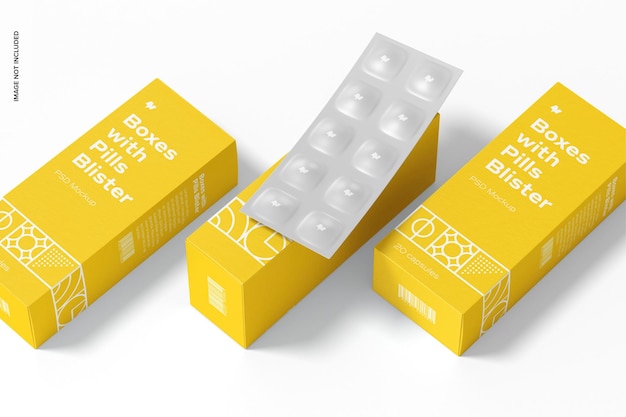 Boxes with Pills Blister Set Mockup