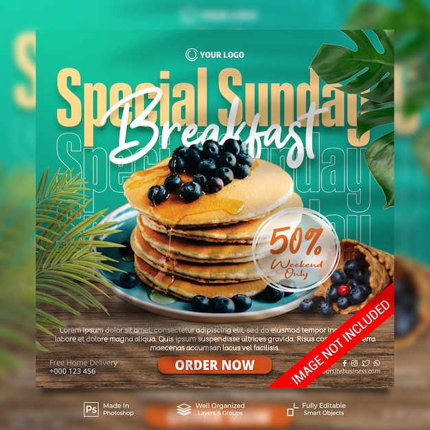 Breakfast special dish sunday menu restaurant social media instagram post feed banner template