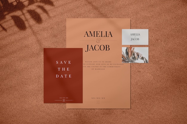 PSD brown wedding invitation mockup set