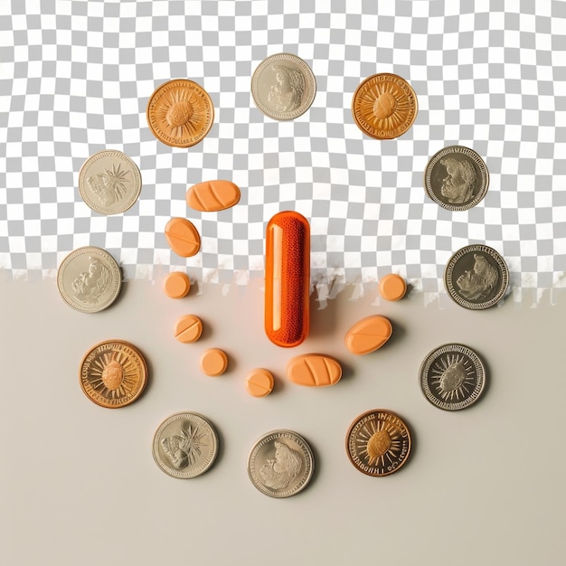 PSD a bunch of coins with a orange pill on top of them