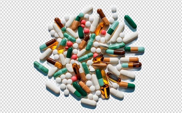 PSD a bunch of pills that are on a transparent background