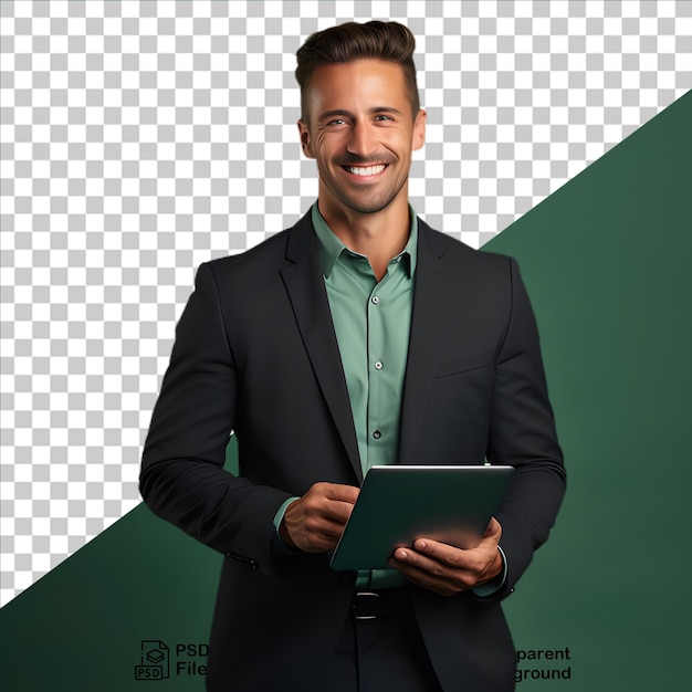 Businessman holding a laptop isolated on transparent background png file