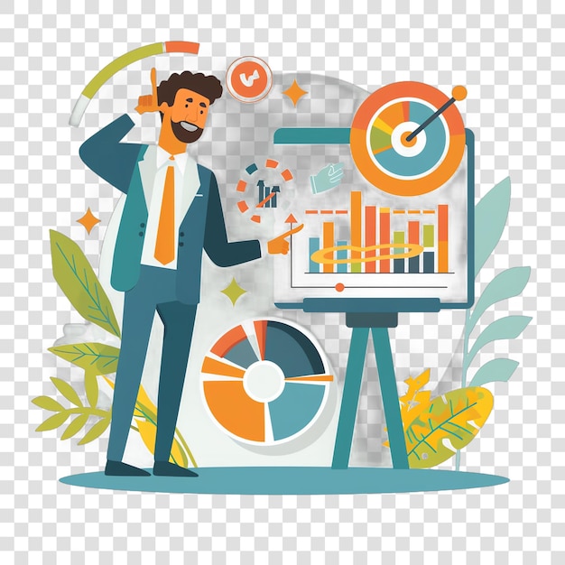 Businessman pointing at target with growing chart representing bu isolated on transparent background