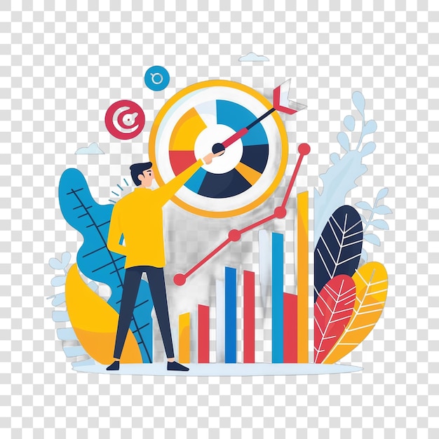 Businessman pointing at target with growing chart representing bu isolated on transparent background