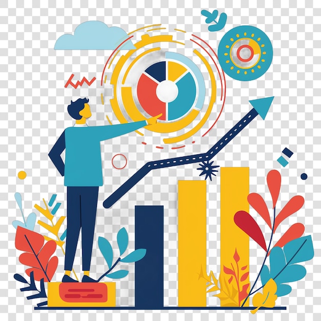 Businessman pointing at target with growing chart representing bu isolated on transparent background