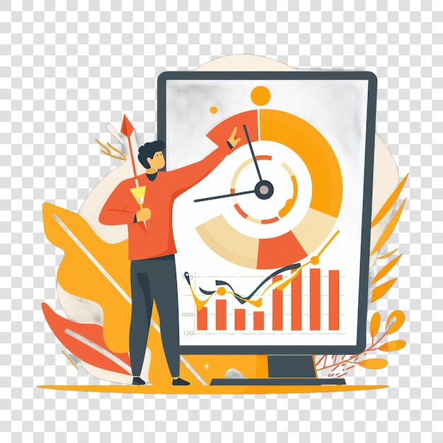 Businessman pointing at target with growing chart representing bu isolated on transparent background