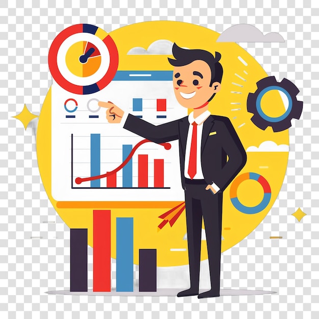 Businessman pointing at target with growing chart representing bu isolated on transparent background