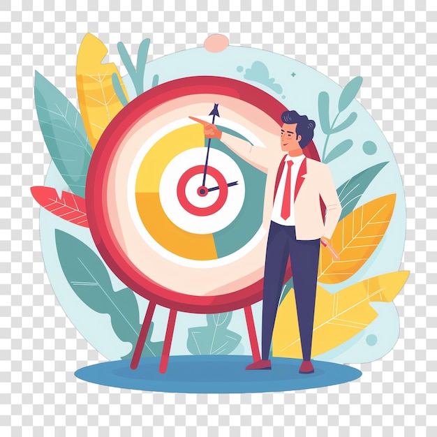 Businessman pointing at target with growing chart representing bu isolated on transparent background