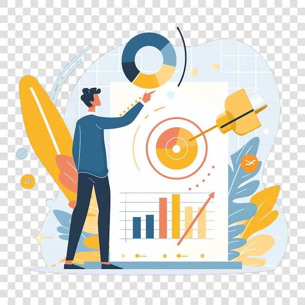 Businessman pointing at target with growing chart representing bu isolated on transparent background