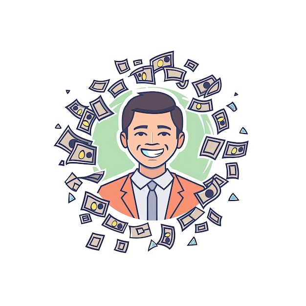 PSD a businessman surrounded by a lot of money cartoon illustration