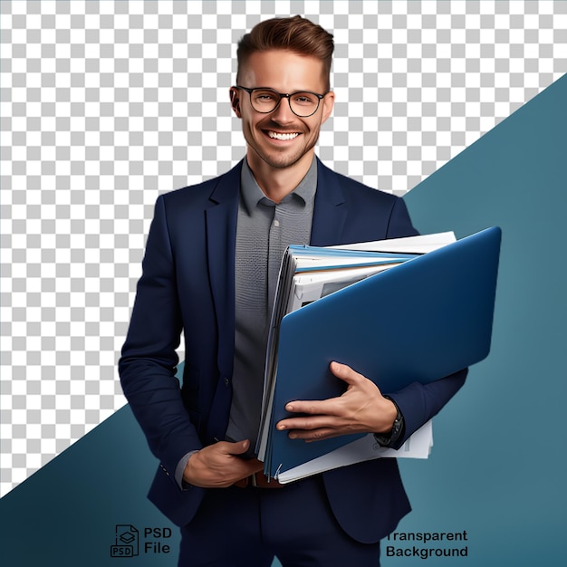 Businessman wearing a blue suit and holding a laptop isolated on transparent background png file