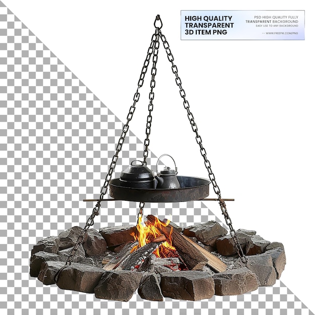 PSD camping campfire tripod grill adjustable grill for cooking on transparent background