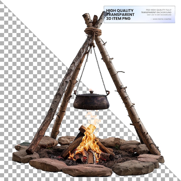 PSD camping campfire tripod grill adjustable grill for cooking on transparent background