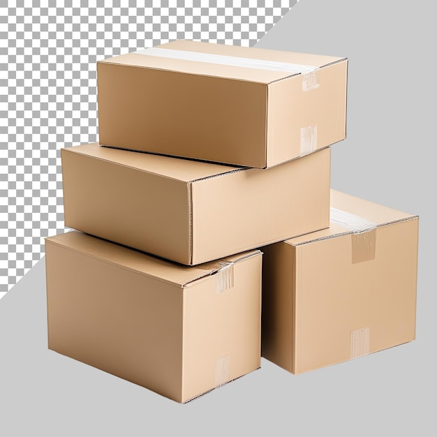 PSD cardboard boxes stacked on top of each other on an isolated transparent background