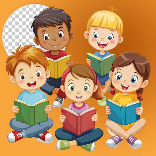 PSD cartoon children reading books