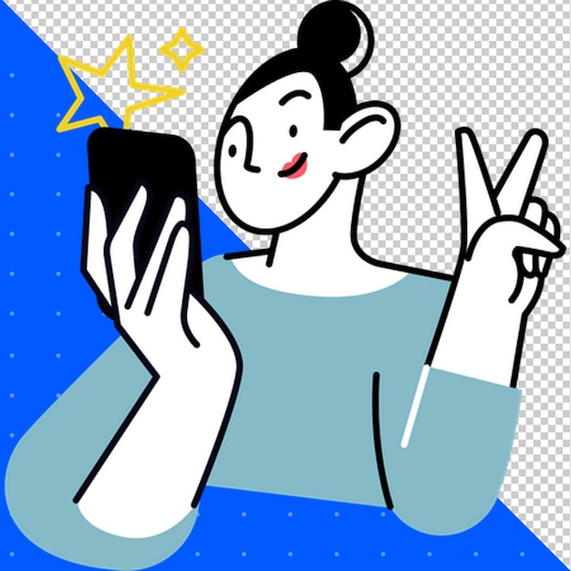 PSD a cartoon drawing of a woman holding a phone with the peace sign on it