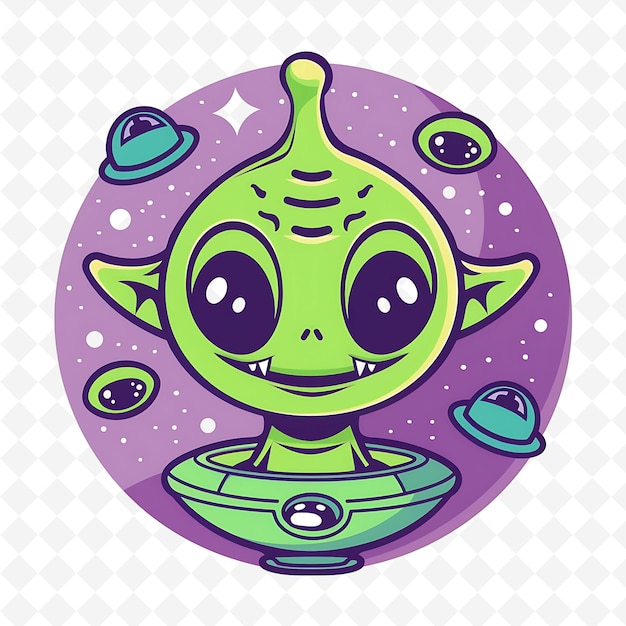 PSD a cartoon green alien with a purple background with planets