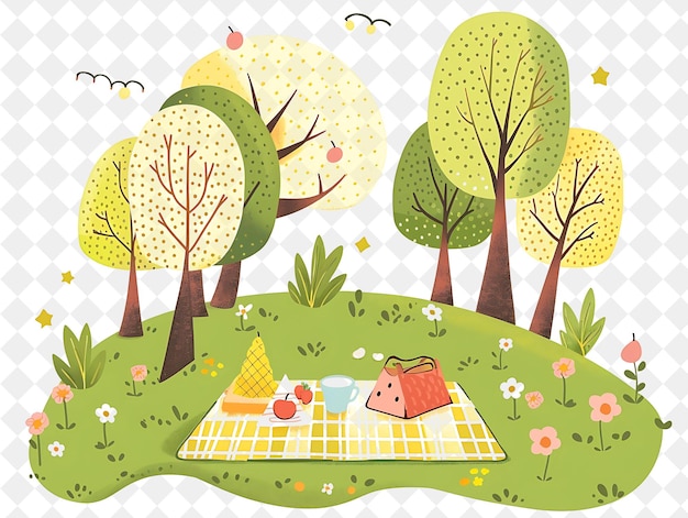 PSD a cartoon illustration of a forest with a hammock and a bag of eggs