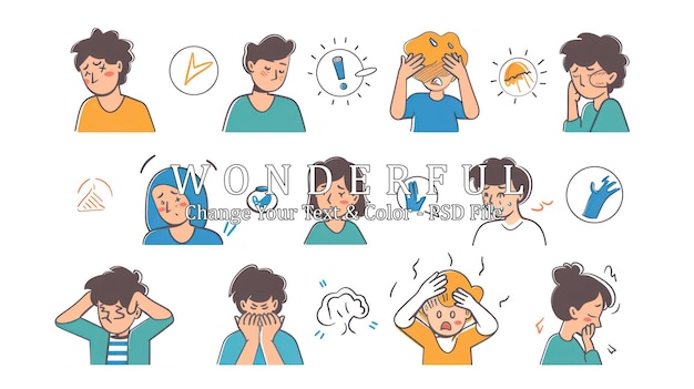 PSD cartoon illustration of people with various symptoms