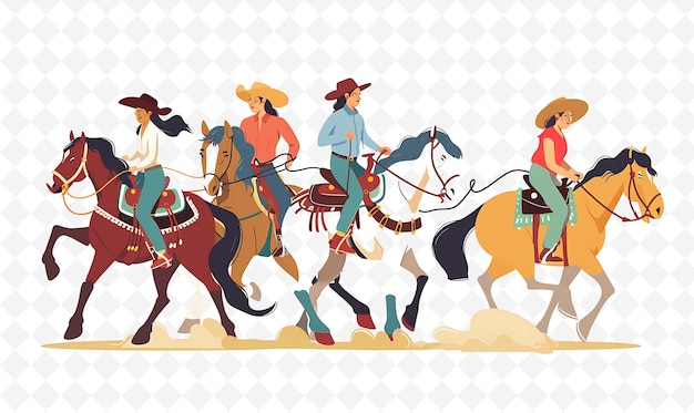 PSD a cartoon of people riding horses with hats on