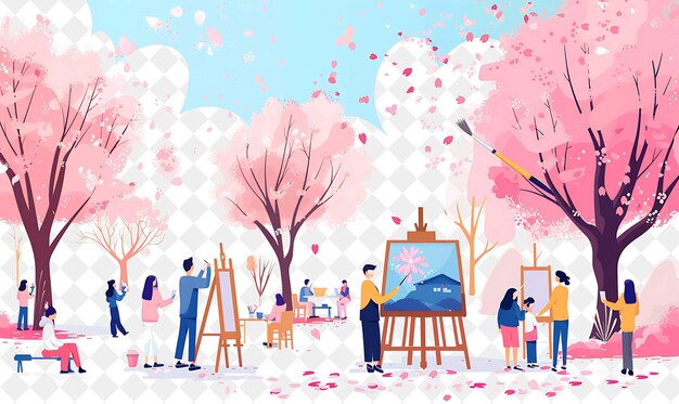 PSD cherry blossom festival with artists painting under blooming png festival 2d flat art illustrations