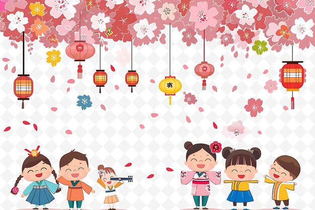 PSD children participating in a cherry blossom festival design i flat illustration culture character