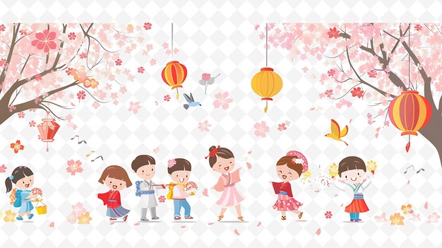 PSD children participating in a cherry blossom festival design i flat illustration culture character