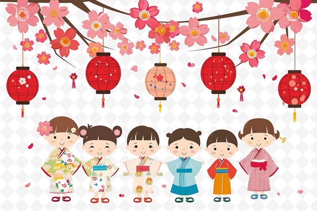 PSD children participating in a cherry blossom festival design i flat illustration culture character