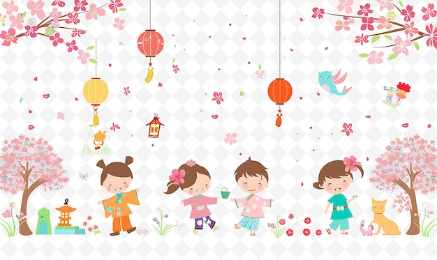 PSD children playing games during hanami design is delicate and flat illustration culture character