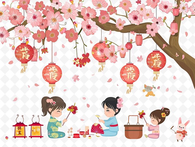 PSD children playing games during hanami design is delicate and flat illustration culture character