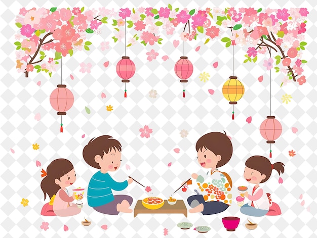 PSD children playing games during hanami design is delicate and flat illustration festival of the world